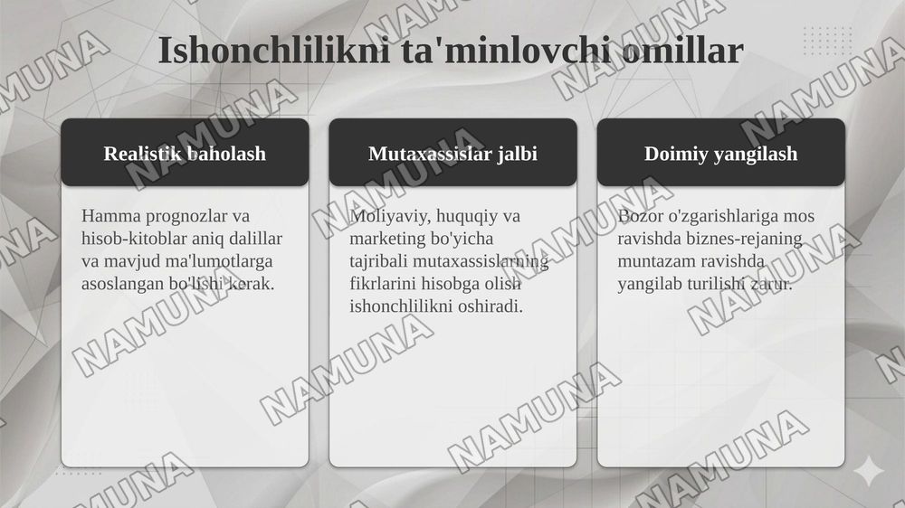 Biznes-rejaning asoslanganligi va ishonchliligi hamda ularni ta'minlovchi omillar. — taqdimot, 8-slayd