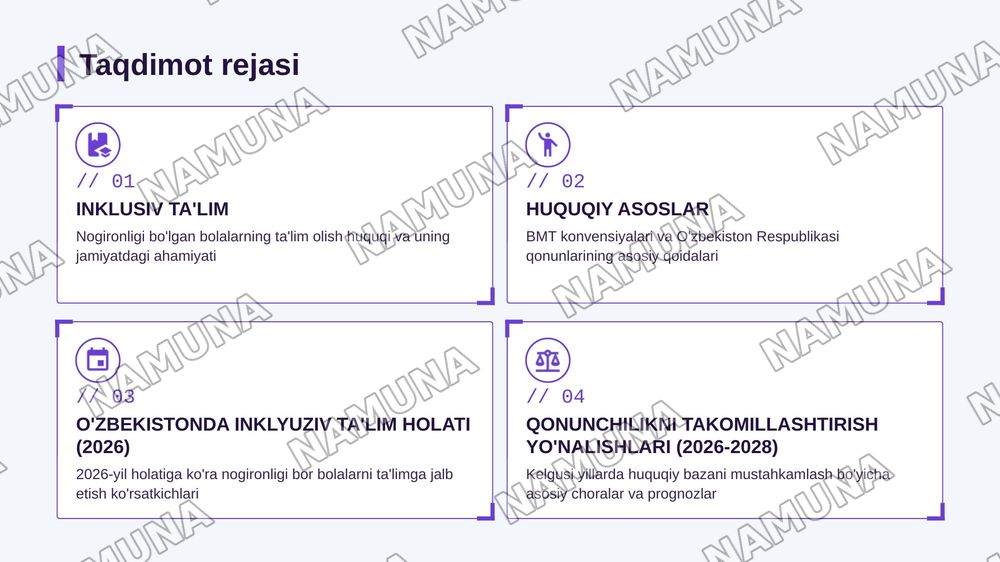 Nogironligi bo'lgan bolalarning uzluksiz ta'lim tizimiga jalb
etishning huquqiy asoslari. — zamonaviy taqdimot, 2-slayd