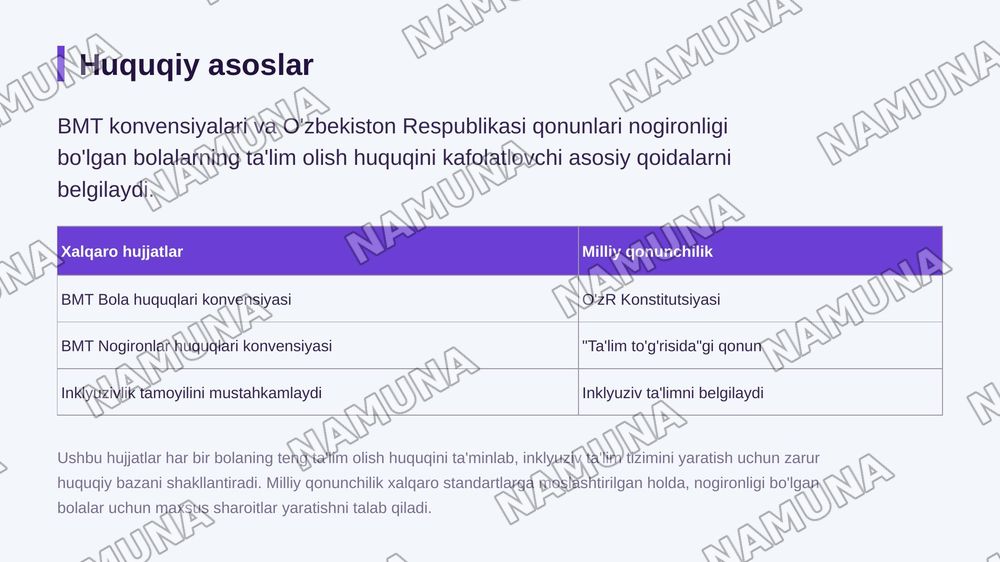 Nogironligi bo'lgan bolalarning uzluksiz ta'lim tizimiga jalb
etishning huquqiy asoslari. — zamonaviy taqdimot, 4-slayd