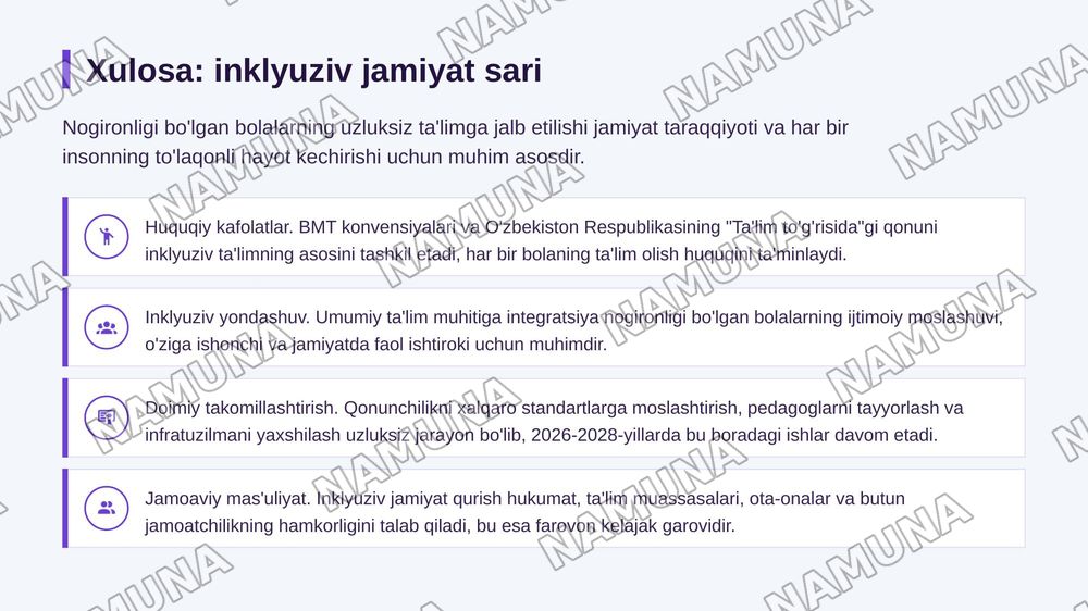 Nogironligi bo'lgan bolalarning uzluksiz ta'lim tizimiga jalb
etishning huquqiy asoslari. — zamonaviy taqdimot, 7-slayd