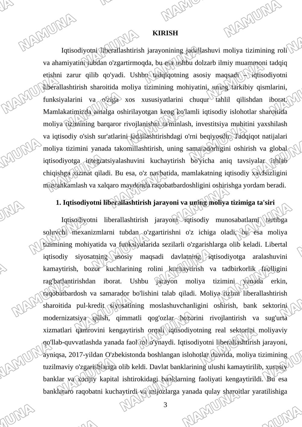 Iqtisodiyotni liberallashtirish sharoitida moliya tizimining mohiyati va o'ziga xos xususiyatlaru — mustaqil ish, 3-varaq
