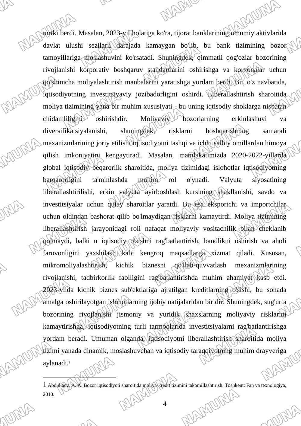 Iqtisodiyotni liberallashtirish sharoitida moliya tizimining mohiyati va o'ziga xos xususiyatlaru — mustaqil ish, 4-varaq