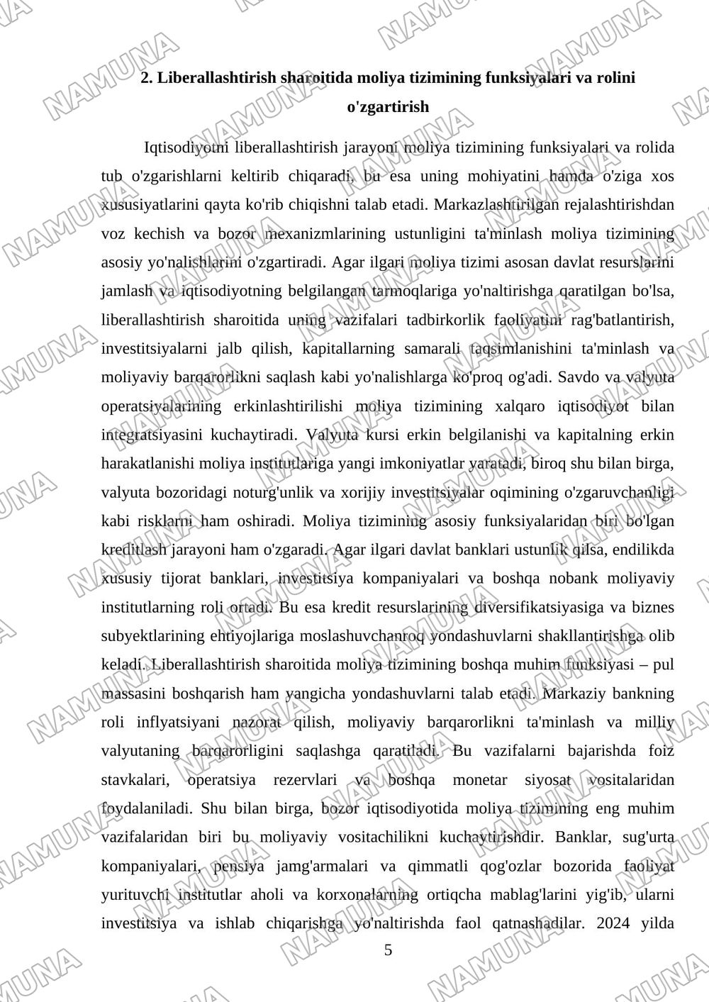 Iqtisodiyotni liberallashtirish sharoitida moliya tizimining mohiyati va o'ziga xos xususiyatlaru — mustaqil ish, 5-varaq