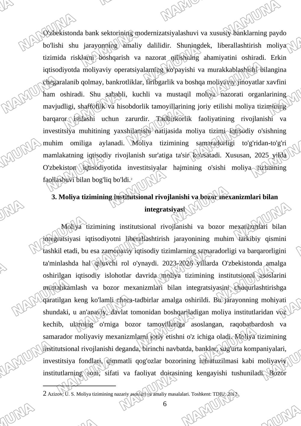 Iqtisodiyotni liberallashtirish sharoitida moliya tizimining mohiyati va o'ziga xos xususiyatlaru — mustaqil ish, 6-varaq
