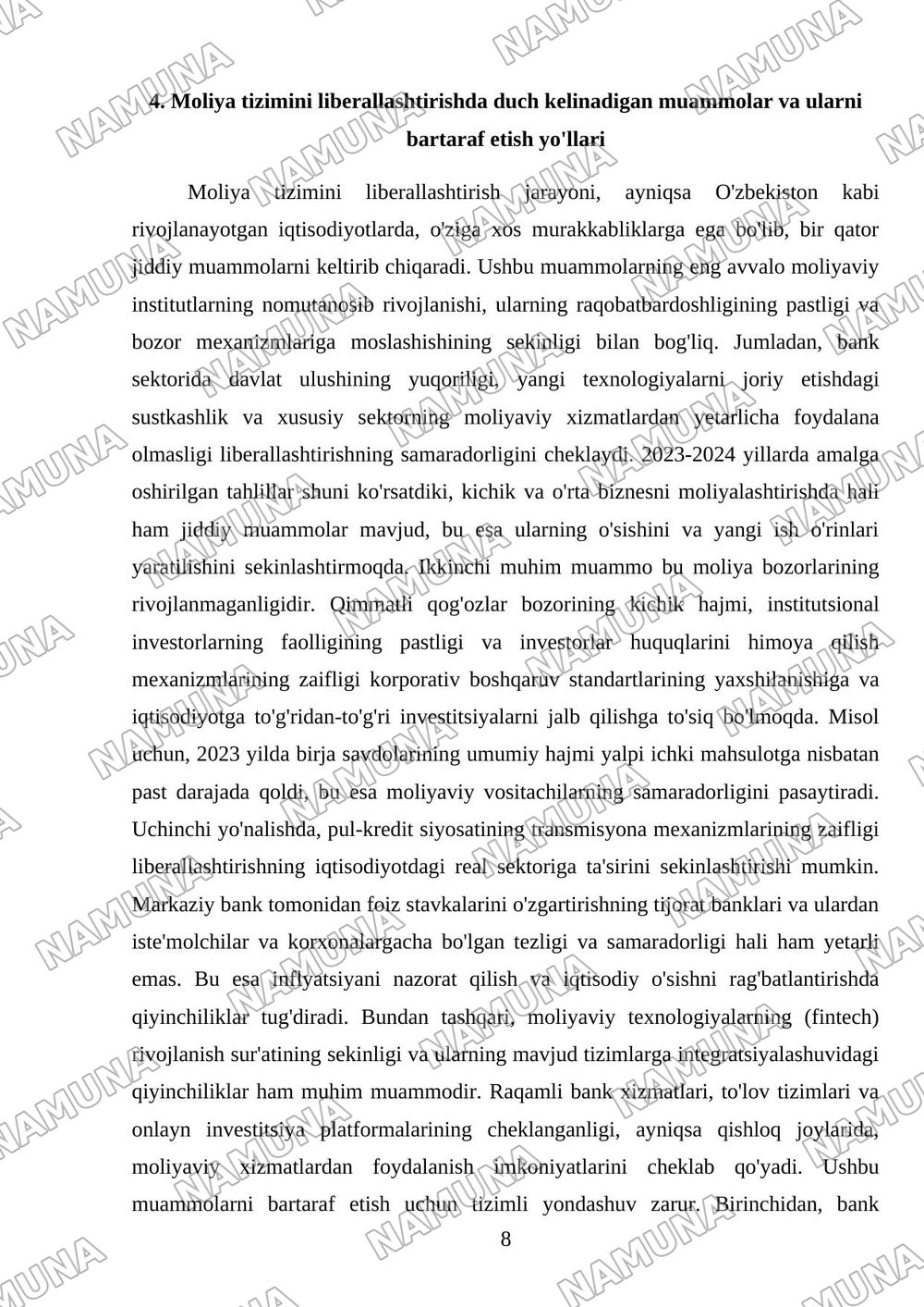 Iqtisodiyotni liberallashtirish sharoitida moliya tizimining mohiyati va o'ziga xos xususiyatlaru — mustaqil ish, 8-varaq