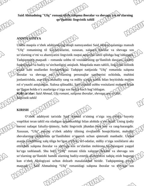 Said Ahmadning ufq romani tilida xalqona iboralar va shevaga xos sozlarning qollanishi — maqola