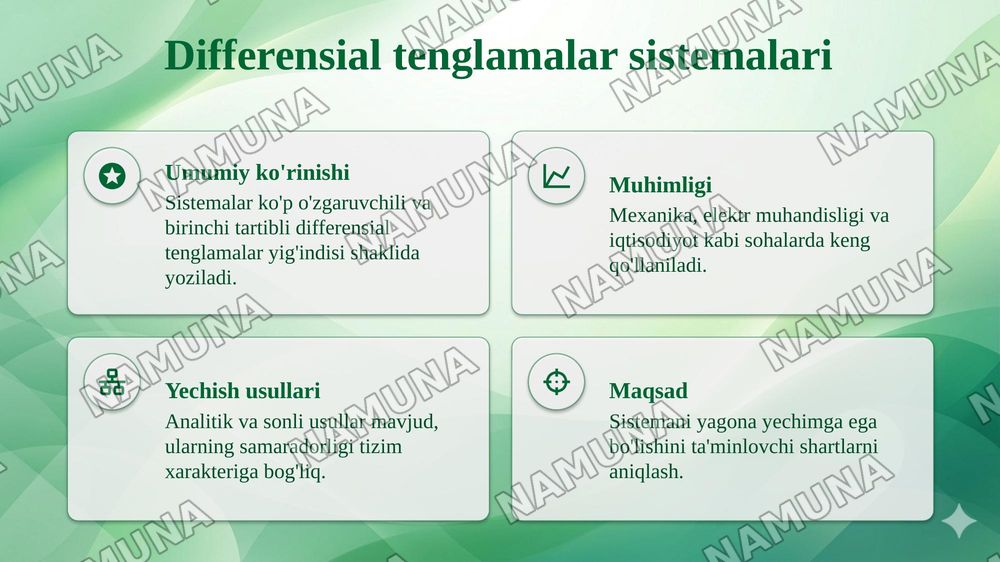 Chiziqli differensial tenglamalar sistemalarini yechish. Noma’lumlarni yo‘qotish usuli. O‘zgarmas koeffitsiyentli chiziqli sistemalarni xos qiymatlar va xos vektorlar yordamida integrallash. — taqdimot, 4-slayd