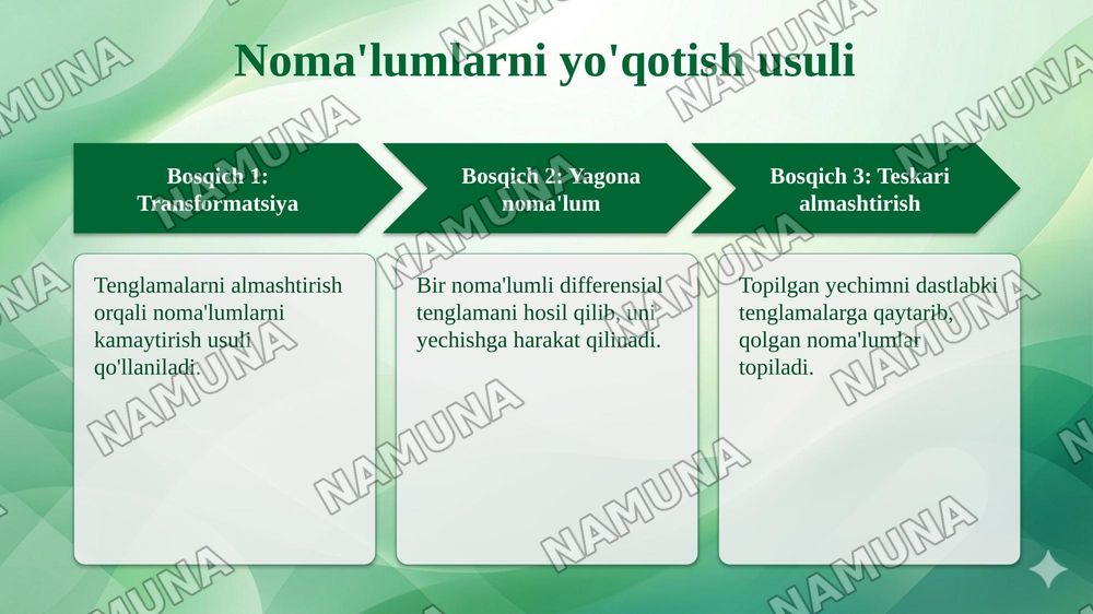 Chiziqli differensial tenglamalar sistemalarini yechish. Noma’lumlarni yo‘qotish usuli. O‘zgarmas koeffitsiyentli chiziqli sistemalarni xos qiymatlar va xos vektorlar yordamida integrallash. — taqdimot, 5-slayd
