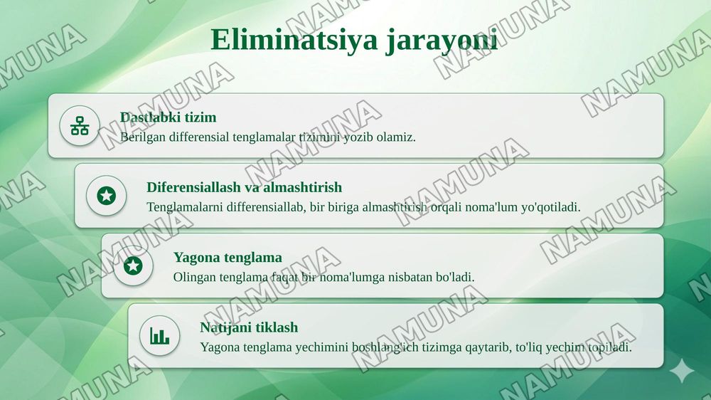 Chiziqli differensial tenglamalar sistemalarini yechish. Noma’lumlarni yo‘qotish usuli. O‘zgarmas koeffitsiyentli chiziqli sistemalarni xos qiymatlar va xos vektorlar yordamida integrallash. — taqdimot, 6-slayd