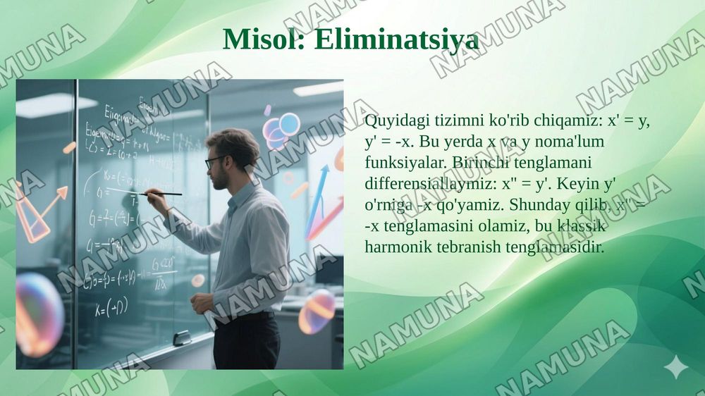 Chiziqli differensial tenglamalar sistemalarini yechish. Noma’lumlarni yo‘qotish usuli. O‘zgarmas koeffitsiyentli chiziqli sistemalarni xos qiymatlar va xos vektorlar yordamida integrallash. — taqdimot, 7-slayd