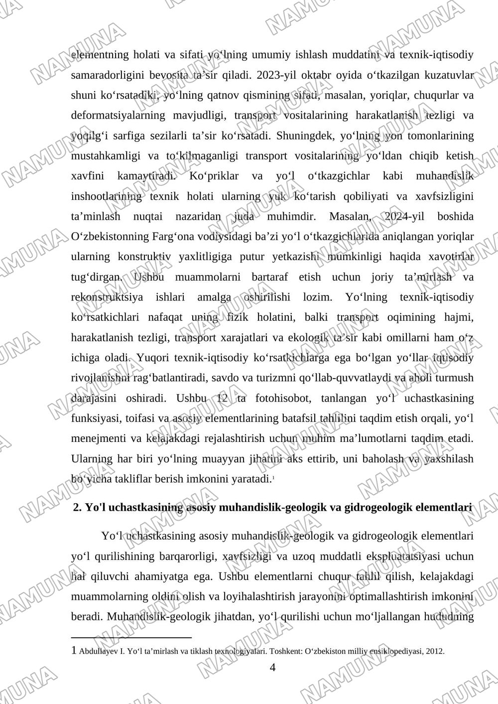 . Tanlangan yoʻl uchastkasining funksiyasi, toifasi va asosiy elementlari boʻyicha 12 fotohisobot. — referat, 4-varaq