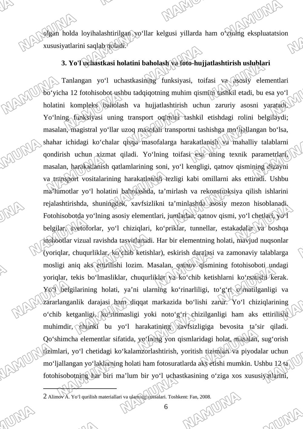 . Tanlangan yoʻl uchastkasining funksiyasi, toifasi va asosiy elementlari boʻyicha 12 fotohisobot. — referat, 6-varaq
