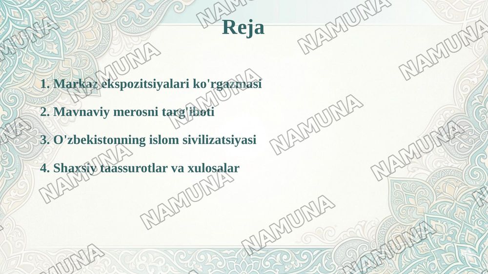 Xalqaro Islom sivilizatsyasi markazi ekspanatlari ,tasurotlarim hususida — taqdimot, 2-slayd