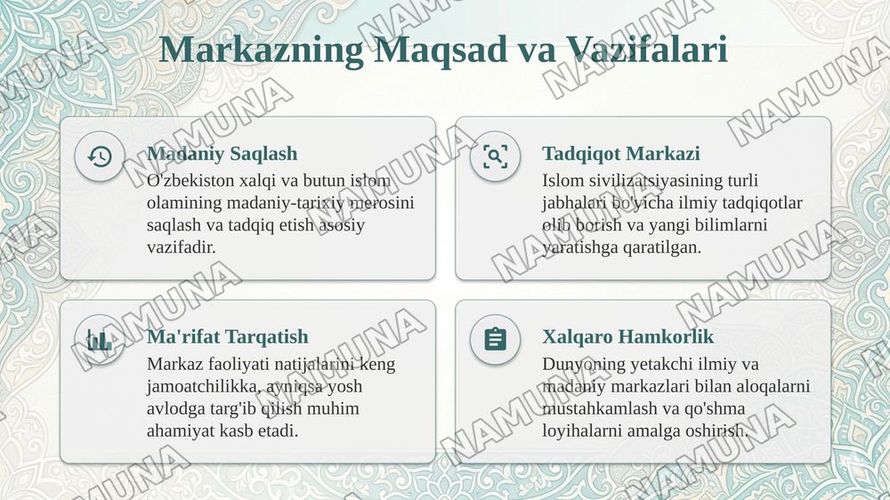 Xalqaro Islom sivilizatsyasi markazi ekspanatlari ,tasurotlarim hususida — taqdimot, 4-slayd