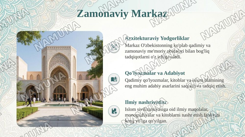 Xalqaro Islom sivilizatsyasi markazi ekspanatlari ,tasurotlarim hususida — taqdimot, 6-slayd