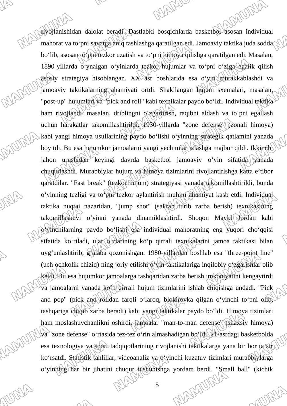 Basketbolning rivojlanish tarixi oʻyin texnikasi taktikasi va qoidalari — mustaqil ish, 5-varaq