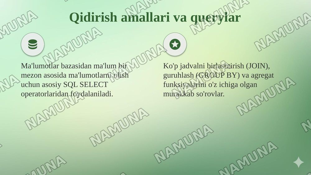 Bogʻlanishlar yaxlitligi va ma’lumotlar validatsiyasi Bogʻlanishlar yaxlitligi. Ma’lumotlar validatsiyasi va verifikatsiyasi. Qidirish amallari. Murakkab querylar. Ichki va jamlanma querylar. — taqdimot, 6-slayd