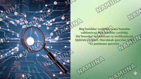 Bogʻlanishlar yaxlitligi va ma’lumotlar validatsiyasi Bogʻlanishlar yaxlitligi. Ma’lumotlar validatsiyasi va verifikatsiyasi. Qidirish amallari. Murakkab querylar. Ichki va jamlanma querylar. — taqdimot