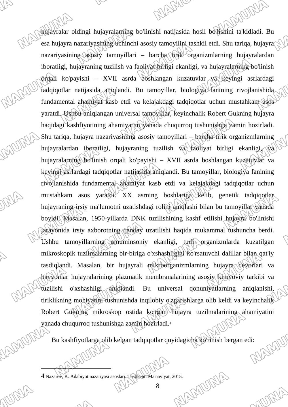 Hujayra nazariyasining yaratilish tarixi — mustaqil ish, 8-varaq
