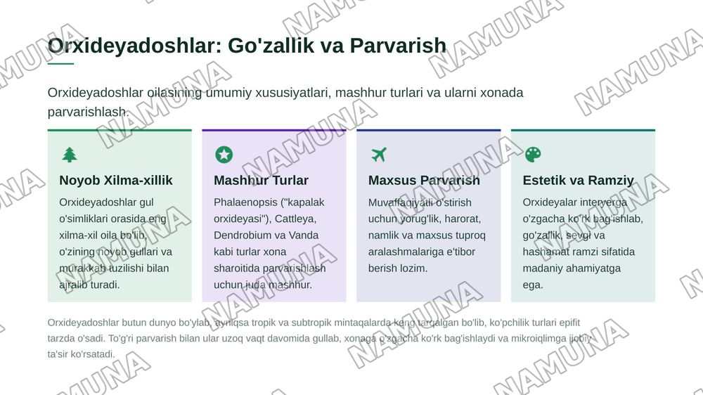 Interyer uchun Orxideyadoshlar oilasi vakillarini oʻrganish. Sanseviera oʻsimligining bioekologiyasi va koʻpaytirish texnologiyasi. — zamonaviy taqdimot, 4-slayd