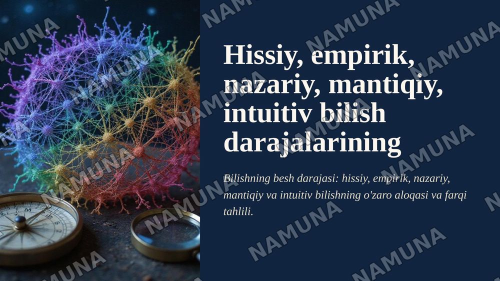 Hissiy, empirik, nazariy, matiqiy, intuitiv bilish darajalarining o'zaro aloqasi va farqi — zamonaviy taqdimot, 1-slayd