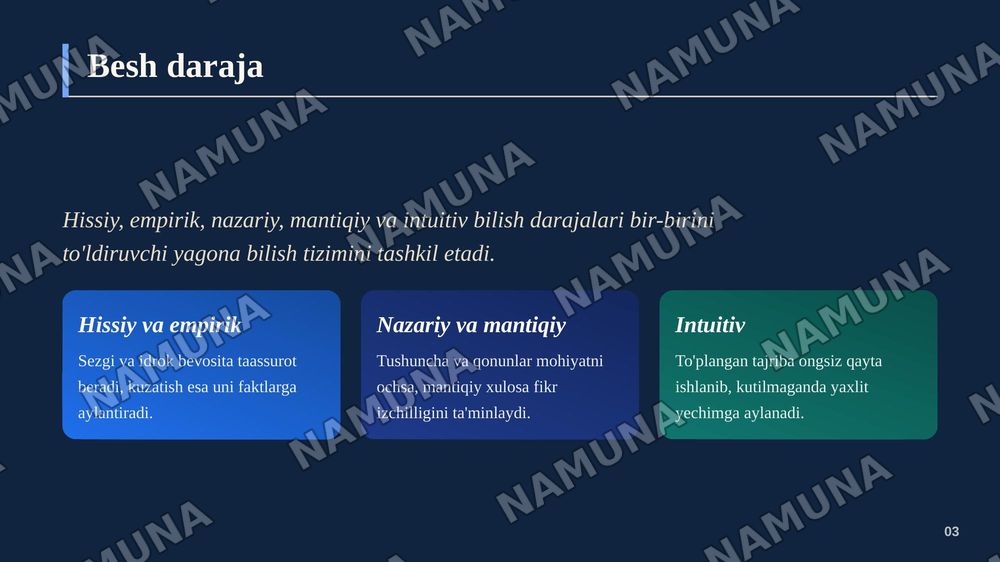 Hissiy, empirik, nazariy, matiqiy, intuitiv bilish darajalarining o'zaro aloqasi va farqi — zamonaviy taqdimot, 4-slayd