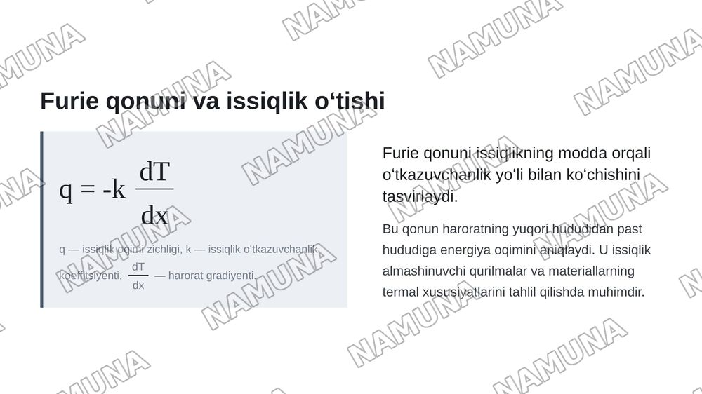 Termodinamik muvozanatda boʻlmagan tizimlarda koʻchish hodisalari. Issiqlik, massa va impuls almashinuvi qonuniyatlari, transport koeffitsiyentlari hamda qaytmas jarayonlar termodinamikasi — zamonaviy taqdimot, 8-slayd