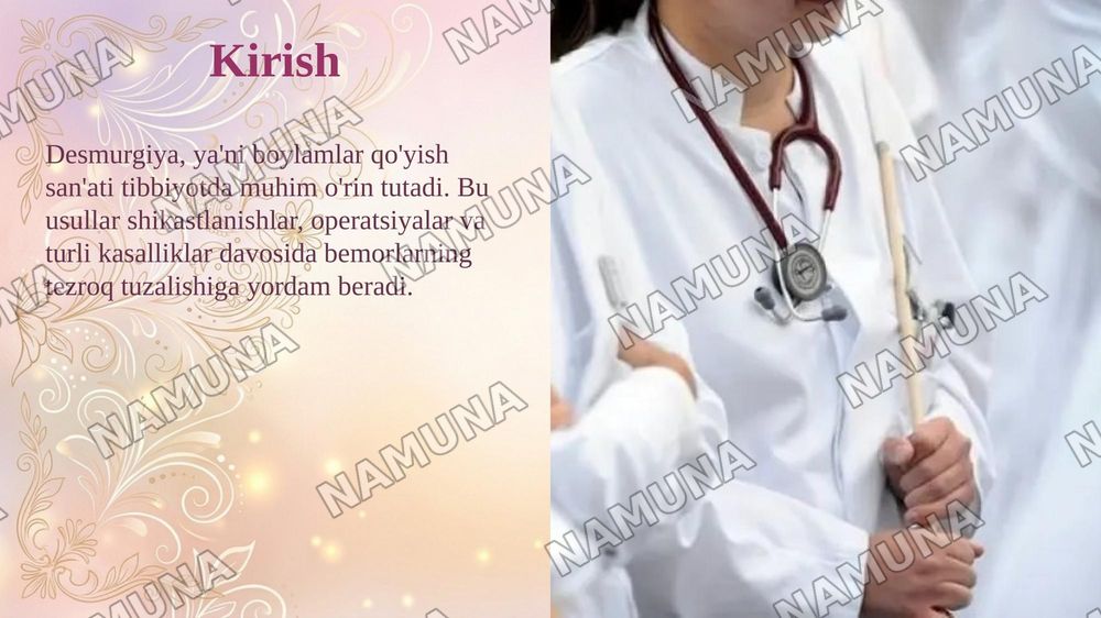 Desmurgiya: Boylamlar xaqida umumiy tushuncha,  tasnifi , Bosh,  ko‘krak va tanaga qo‘yiladigan boylamlar. Qo‘l va oyoqlarga qo‘yiladigan boylamlar, gipsli boylamlar — taqdimot, 3-slayd