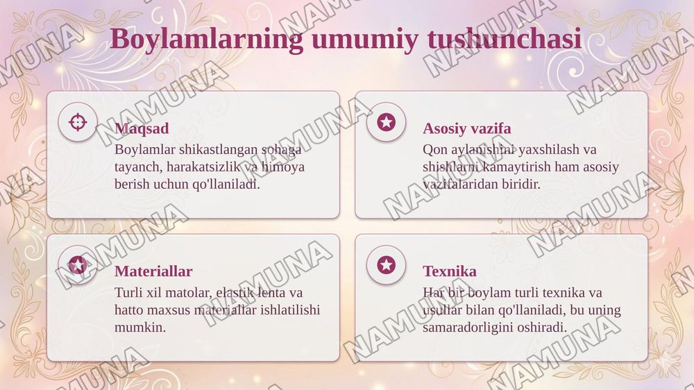 Desmurgiya: Boylamlar xaqida umumiy tushuncha,  tasnifi , Bosh,  ko‘krak va tanaga qo‘yiladigan boylamlar. Qo‘l va oyoqlarga qo‘yiladigan boylamlar, gipsli boylamlar — taqdimot, 4-slayd