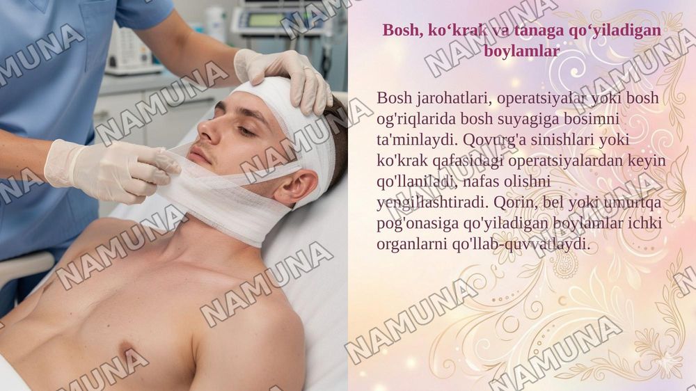 Desmurgiya: Boylamlar xaqida umumiy tushuncha,  tasnifi , Bosh,  ko‘krak va tanaga qo‘yiladigan boylamlar. Qo‘l va oyoqlarga qo‘yiladigan boylamlar, gipsli boylamlar — taqdimot, 6-slayd