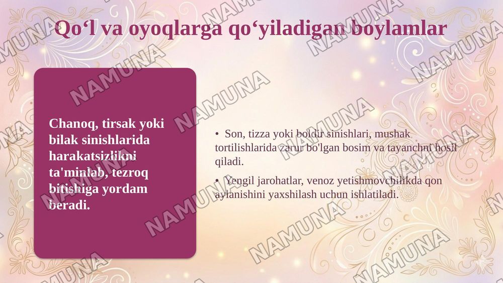 Desmurgiya: Boylamlar xaqida umumiy tushuncha,  tasnifi , Bosh,  ko‘krak va tanaga qo‘yiladigan boylamlar. Qo‘l va oyoqlarga qo‘yiladigan boylamlar, gipsli boylamlar — taqdimot, 7-slayd