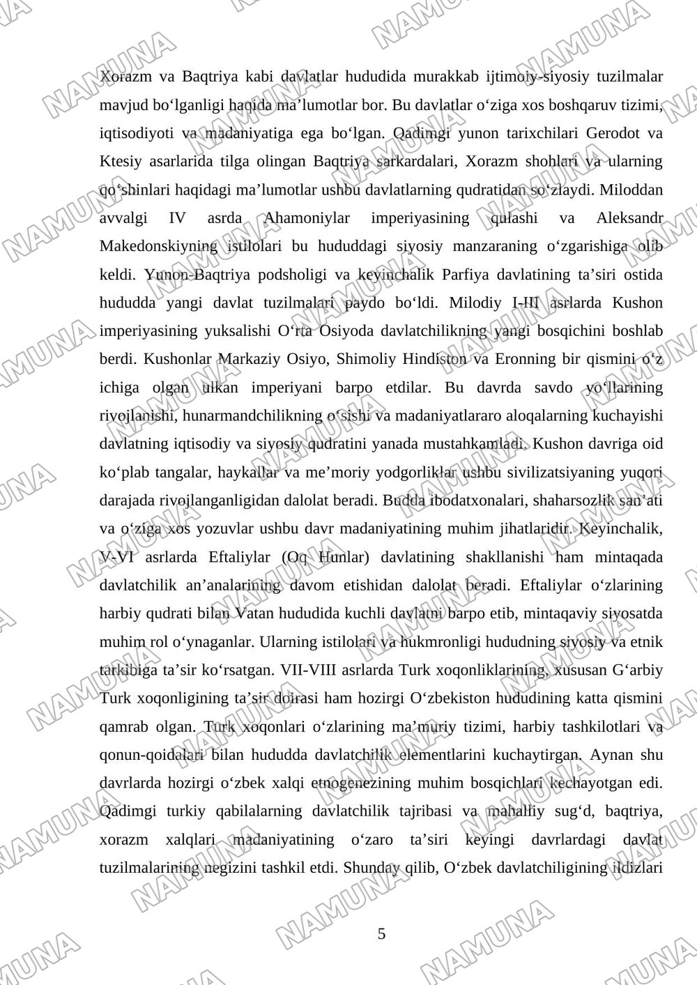 Davlatchilik tushunchasi.Oʻzbek davlatchiligining shakllanish bosqichlari. — referat, 5-varaq