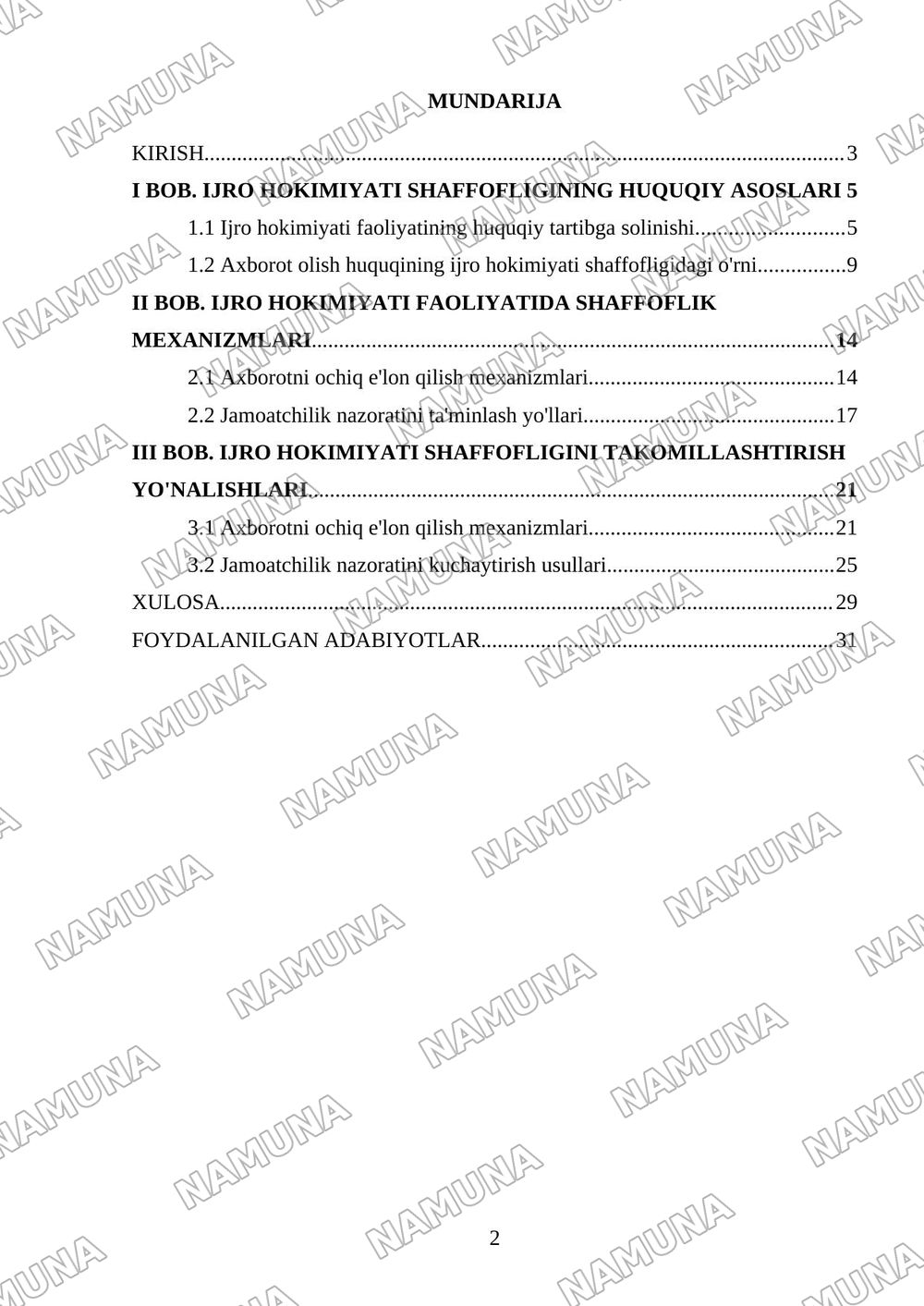 Ijro hokimiyati faoliyatida shaffoflik prinsipi — kurs ishi, 2-varaq