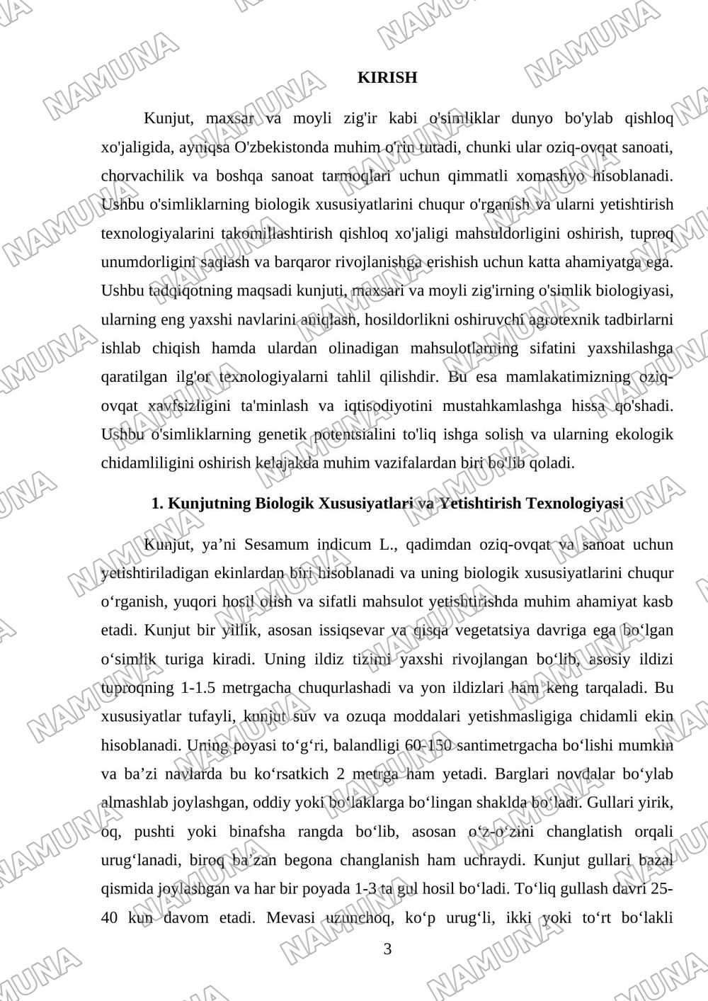 Kunjut biologists va yetishtirish va texnalogiyasi Maxsar va moyli zig'ir sustainability va marfalogiyasi — mustaqil ish, 3-varaq