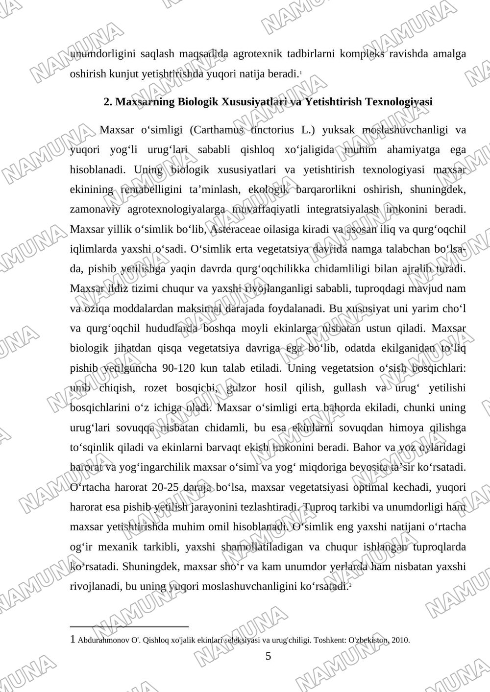 Kunjut biologists va yetishtirish va texnalogiyasi Maxsar va moyli zig'ir sustainability va marfalogiyasi — mustaqil ish, 5-varaq