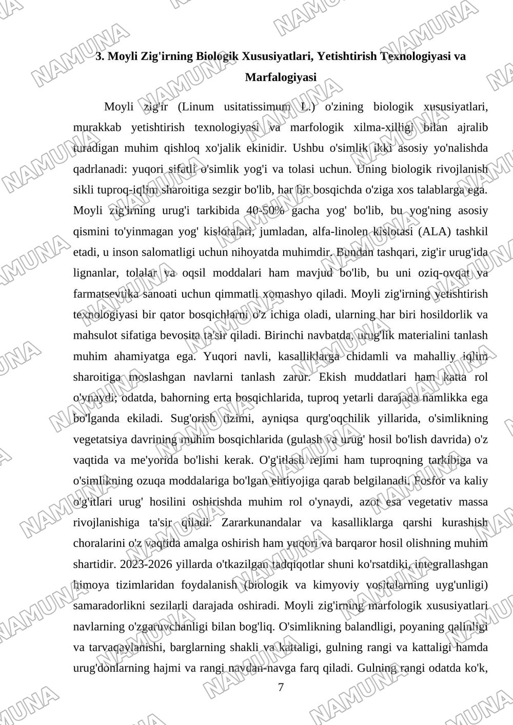 Kunjut biologists va yetishtirish va texnalogiyasi Maxsar va moyli zig'ir sustainability va marfalogiyasi — mustaqil ish, 7-varaq