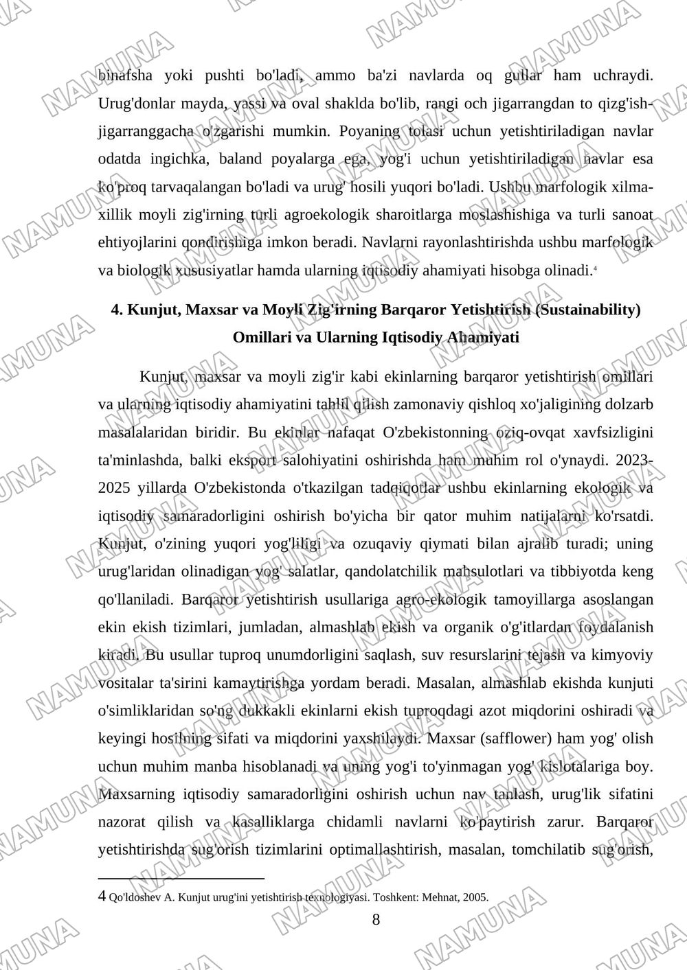 Kunjut biologists va yetishtirish va texnalogiyasi Maxsar va moyli zig'ir sustainability va marfalogiyasi — mustaqil ish, 8-varaq
