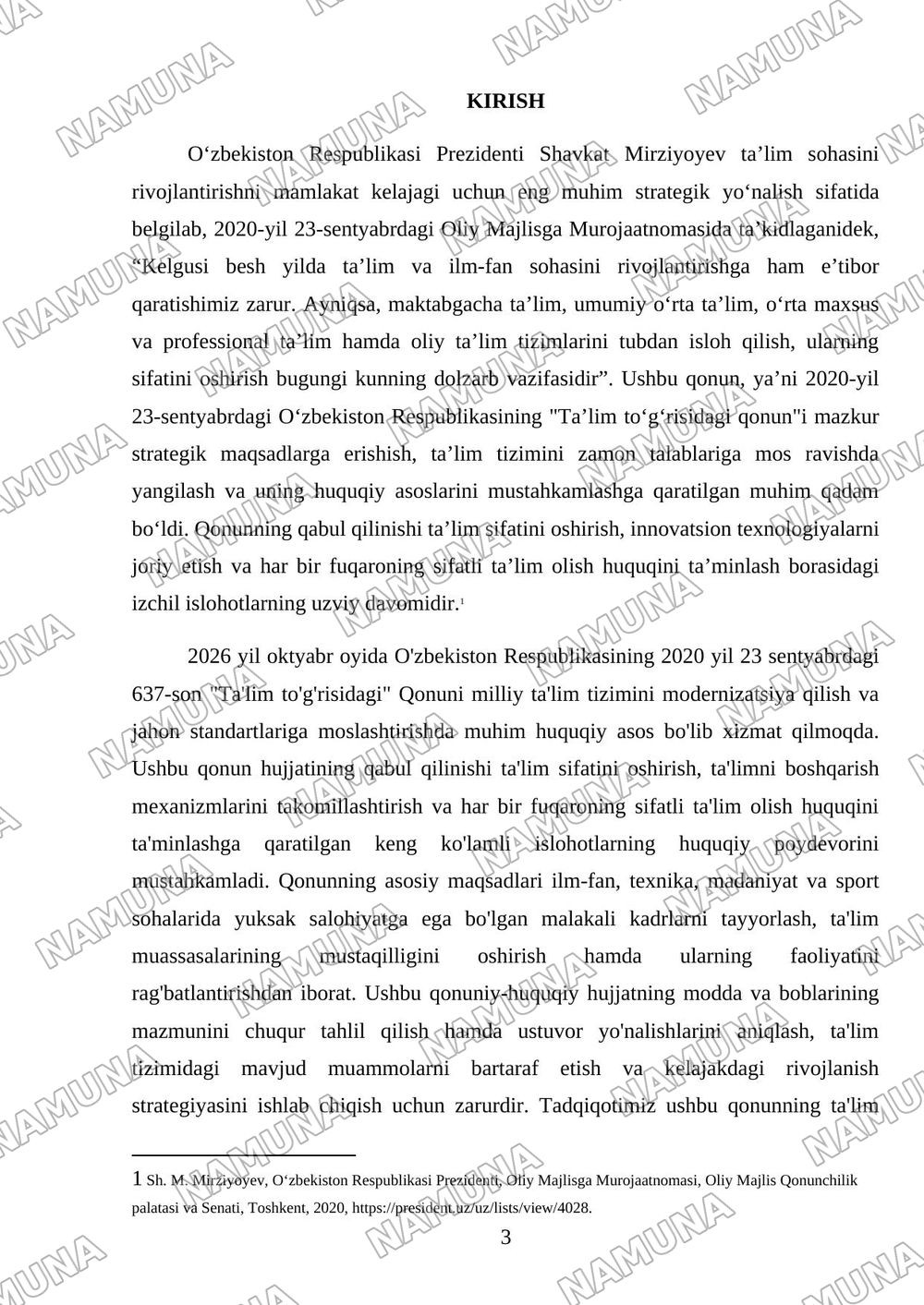 23.09.2020 yildagi 637-son Oʻzbekiston Respublikasining 'Ta'lim toʻgʻrisidagi qonun'i modda va boblari mazmuni va ustuvor yoʻnalishlari. — referat, 3-varaq