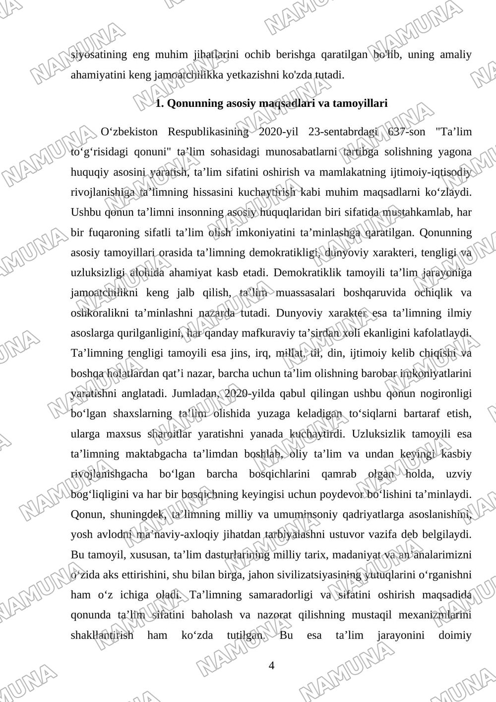 23.09.2020 yildagi 637-son Oʻzbekiston Respublikasining 'Ta'lim toʻgʻrisidagi qonun'i modda va boblari mazmuni va ustuvor yoʻnalishlari. — referat, 4-varaq