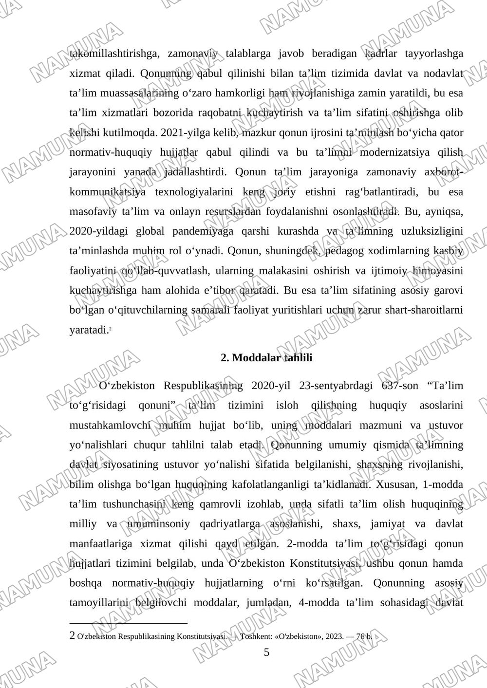 23.09.2020 yildagi 637-son Oʻzbekiston Respublikasining 'Ta'lim toʻgʻrisidagi qonun'i modda va boblari mazmuni va ustuvor yoʻnalishlari. — referat, 5-varaq