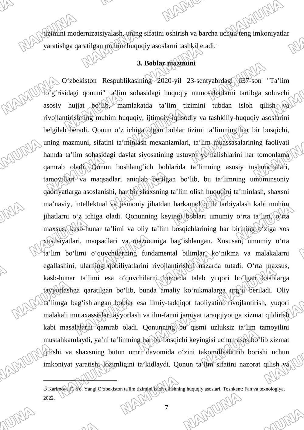 23.09.2020 yildagi 637-son Oʻzbekiston Respublikasining 'Ta'lim toʻgʻrisidagi qonun'i modda va boblari mazmuni va ustuvor yoʻnalishlari. — referat, 7-varaq