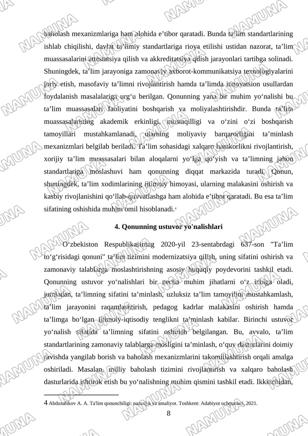 23.09.2020 yildagi 637-son Oʻzbekiston Respublikasining 'Ta'lim toʻgʻrisidagi qonun'i modda va boblari mazmuni va ustuvor yoʻnalishlari. — referat, 8-varaq