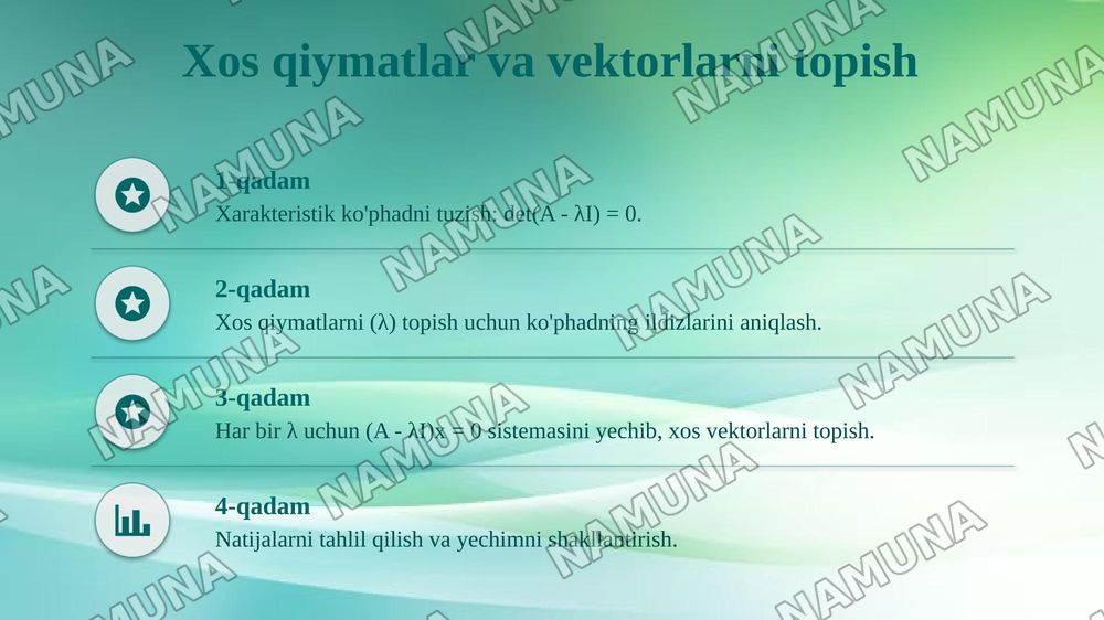 Differensial tenglamalar sistemalarini yechish va matritsali usullarini qo‘llash. Chiziqli differensial tenglamalar sistemasini matrisa ko‘rinishida yozish. Matritsaning xos qiymatlari va xos vektorlarini aniqlash, shuningdek noma’lumlarni yo‘qotish usuli bilan sistemani amaliy yechish. — taqdimot, 8-slayd