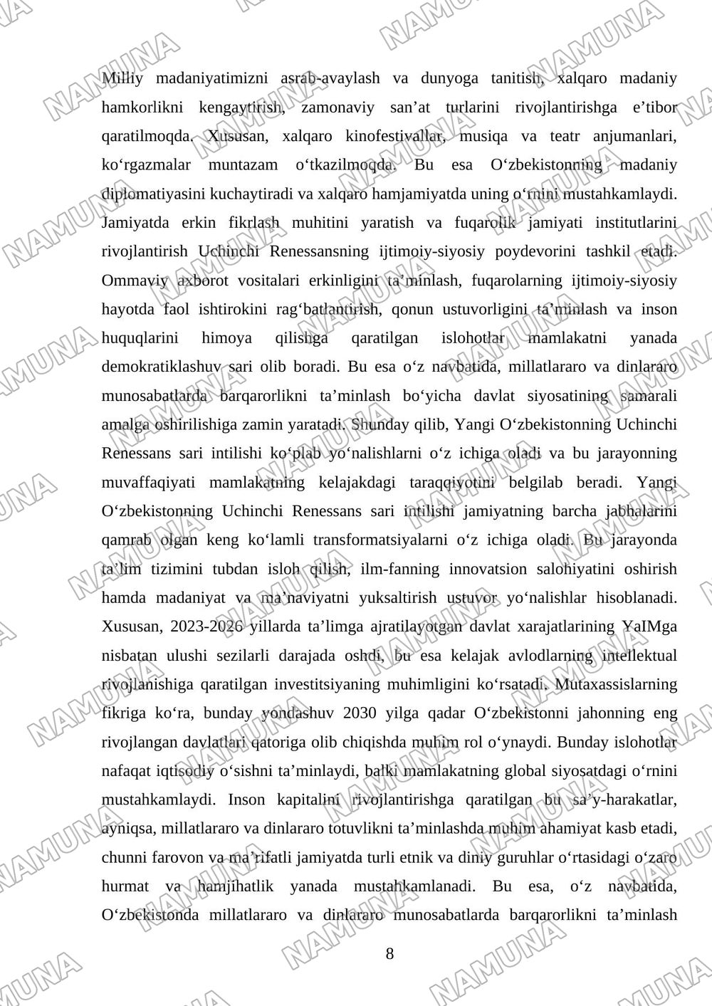 Oʻzbekistonda ijtimoiy sohada amalga oshirilayotgan ozgarishlar mazmun va mohiyati. — mustaqil ish, 8-varaq
