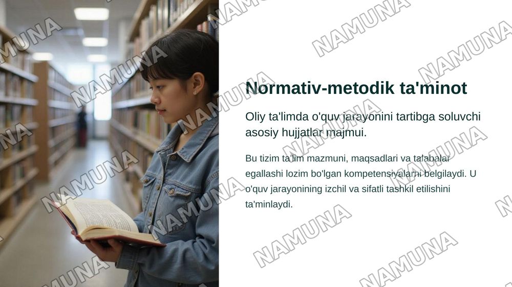 Oliy ta'limda o'quv jarayonini normativ-metodik ta'minlash.
(DTS, o'quv reja, dastur, syllabus, kredit-modul, o’quv-metodik majmua. O'quv jarayonini huquqiy va metodik ta'minlash) — zamonaviy taqdimot, 3-slayd