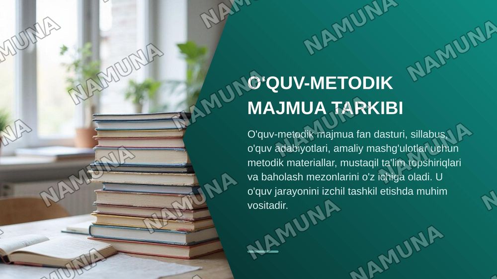 Oliy ta'limda o'quv jarayonini normativ-metodik ta'minlash.
(DTS, o'quv reja, dastur, syllabus, kredit-modul, o’quv-metodik majmua. O'quv jarayonini huquqiy va metodik ta'minlash) — zamonaviy taqdimot, 6-slayd