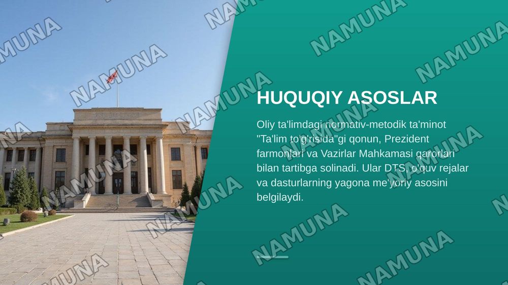 Oliy ta'limda o'quv jarayonini normativ-metodik ta'minlash.
(DTS, o'quv reja, dastur, syllabus, kredit-modul, o’quv-metodik majmua. O'quv jarayonini huquqiy va metodik ta'minlash) — zamonaviy taqdimot, 7-slayd