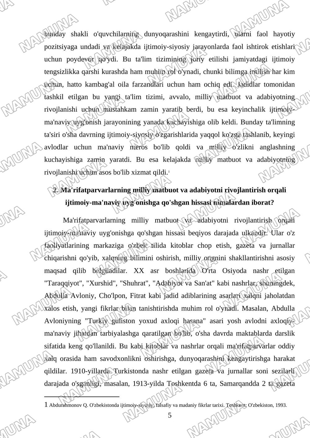 Jadid marifatparvarlarining olka ijtimoiy -manaviy hayotida tutgan orni — mustaqil ish, 5-varaq