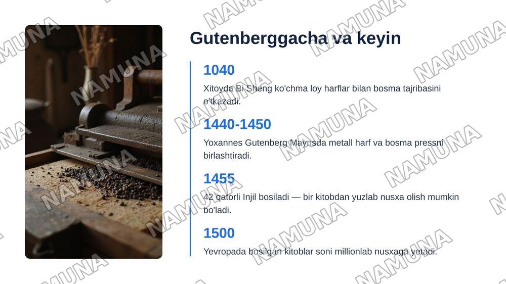 Qadimgi sharq jurnalistikasi
Kitob ishlab chiqarish
Gutenburgning bosma ixtirosi — zamonaviy taqdimot, 5-slayd