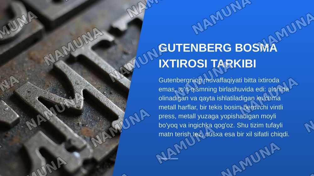 Qadimgi sharq jurnalistikasi
Kitob ishlab chiqarish
Gutenburgning bosma ixtirosi — zamonaviy taqdimot, 6-slayd